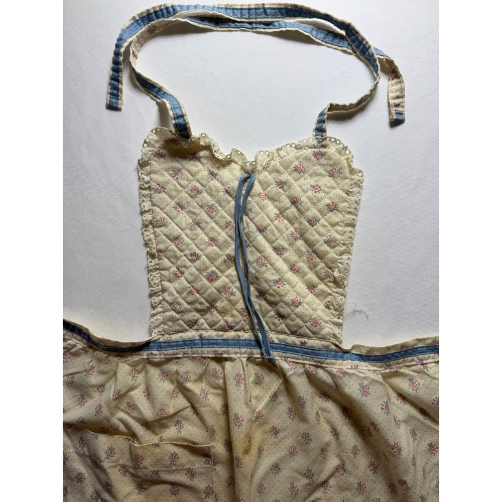 Handmade Bib Apron Womens One Size Cream Floral Quilted Eyelet Lace Cottagecore